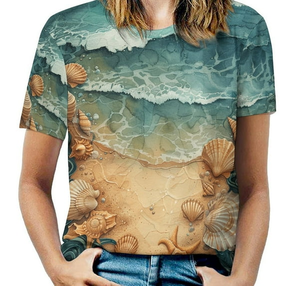 Beach Seashell Starfish Womens Tops Women's Fashion Casual Short Sleeve Flower Print Round Neck Pullover Top Blouse