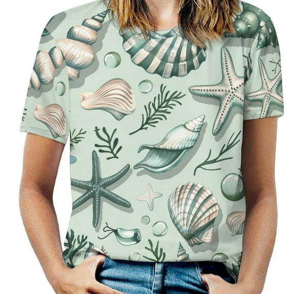 Beach Seashell Starfish Womens Tops Women's Fashion Casual Short Sleeve Flower Print Round Neck Pullover Top Blouse