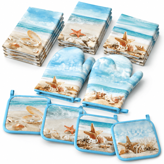 Beach Seashell Themed Kitchen Towel, Oven Glove and Pot Holder Set