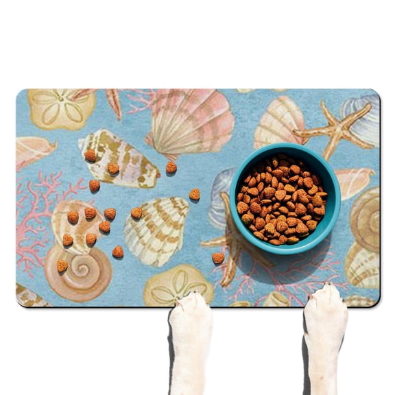 Beach Seashells Anchor Dog Food Mat – Nautical Marine Pet Feeding Mat 12x20, Non-Slip, Absorbent, Quick Dry, Waterproof, Easy Clean