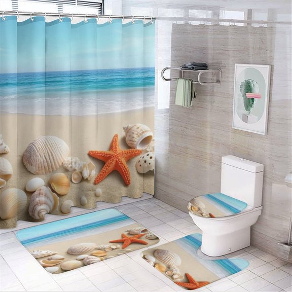 Beach Seashells Starfish Shower Curtain Set Modern Bathroom Decor Mats 4pcs Fabric Bathroom Curtain Slip Floor Rug Toilet Lid