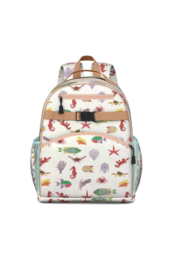 Beach Seashells Students Backpack with Starfish, Seahorse, Fish, Tropical Ocean Creatures, Nautical Coral and Vintage Seaside Design, Lightweight and Comfortable