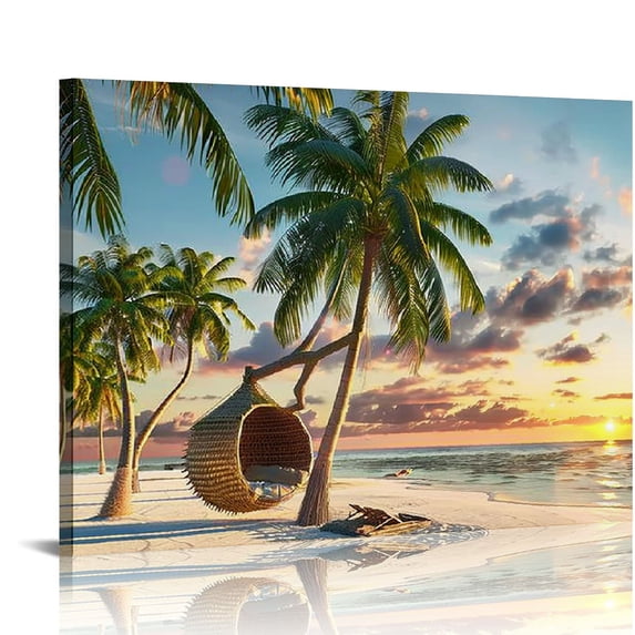 Beach Seaside Canvas Wall Art: Coastal Coconut Trees Painting Ocean Swing Hanging on Palm Tree Picture Seascape Sunset Artwork 16*12inch/20*16inch