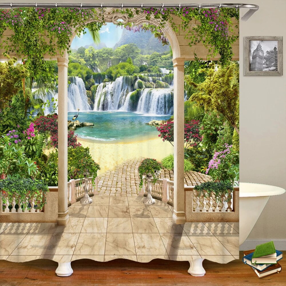 Beach Seaside Scenery Outdoor Shower Curtain Arch Greenery Nature ...
