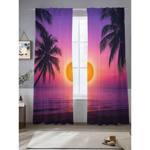 Beach Seaside Sunset Chiffon Sheer Curtains 84 Inches Long Natural Scenery Palm Tree Purple Pink Rod Pocket Window Curtains Voile Drapes Curtains for Living Room Bedroom,2 Panels