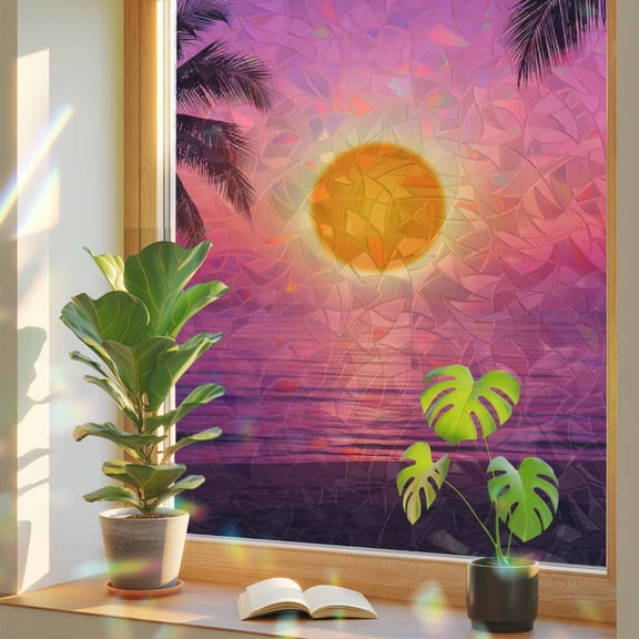 Beach Seaside Sunset Window Privacy Film, Rainbow Film Decorative Window Sticker 17.7x39.3in, Natural Scenery Palm Tree Purple Pink Sun Blocking Static Stained Glass Cling Tint Non-Adhesive