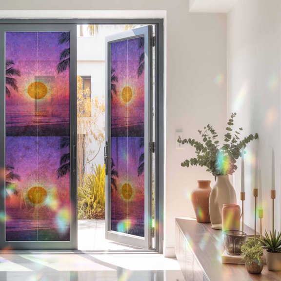 Beach Seaside Sunset Window Privacy Film, Rainbow Film Decorative Window Sticker 23.6x78.7in, Natural Scenery Palm Tree Purple Pink Sun Blocking Static Stained Glass Cling Tint Non-Adhesive