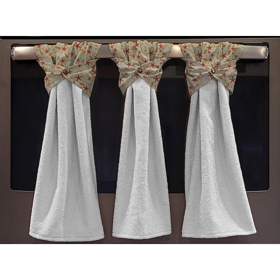 Beach Seaside Wraparound Snap Hanging Towels (Set of 2) by Penny's Needful Things (Sandy Seashells) (Terrycloth Color: White)