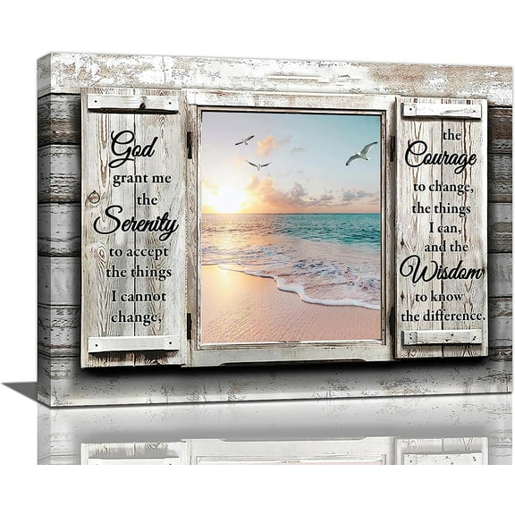 Beach Serenity Prayer Wall Art Coastal Country Farmhouse Canvas Prints Window Sunset Ocean Pictures Painting Framed Scripture Christian Artwork Gifts Home Decor for Bathroom Kitchen Bedroom 16"x12"