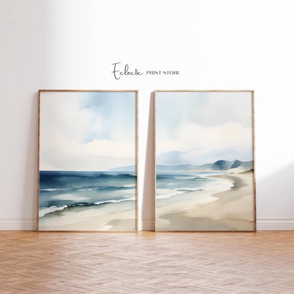 Beach Set Of 2 Coastal Softness Art Ocean Seascape Print, Modern Wall Decor Set 2 Prints, Poster Only