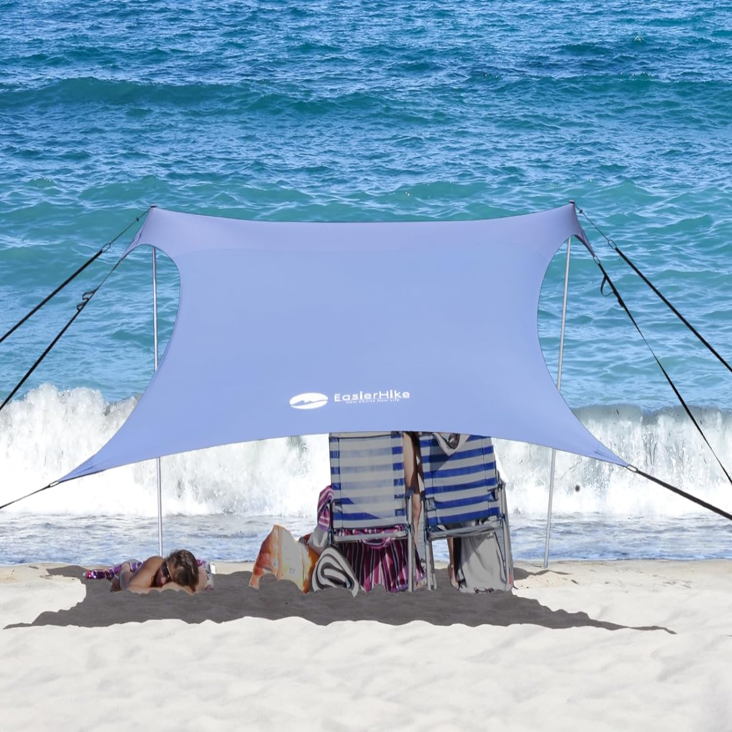 Beach Shade Windproof Design Sun Shelter UPF50+ Portable Family Tent with 6 Sandbags Anchors