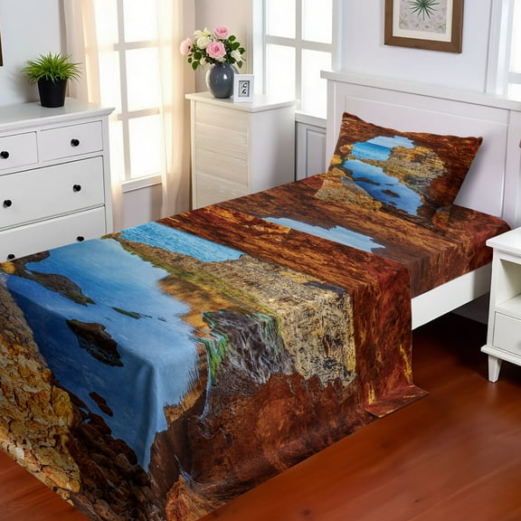 Ambesonne Scenery Fitted & Top Sheet Set with Sham, Australian Sea and Sky, Cream Blue