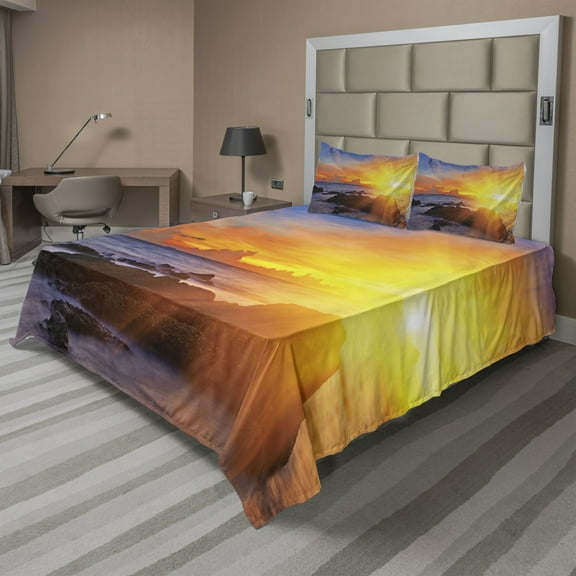 Ambesonne Tropical Fitted & Top Sheet Set with Shams, Colorful Sunset Sky, Orange Blue