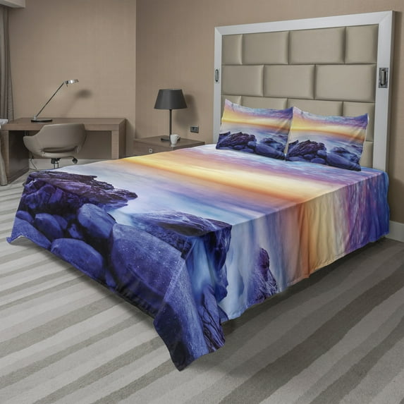 Ambesonne Scenery Fitted & Top Sheet Set with Shams, Morning Rainbow Colors, Blue Purple