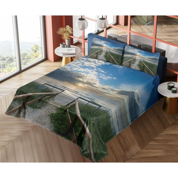 Ambesonne Beach Fitted & Top Sheet Set with Shams, Pathway to Sea Swimming, Multicolor