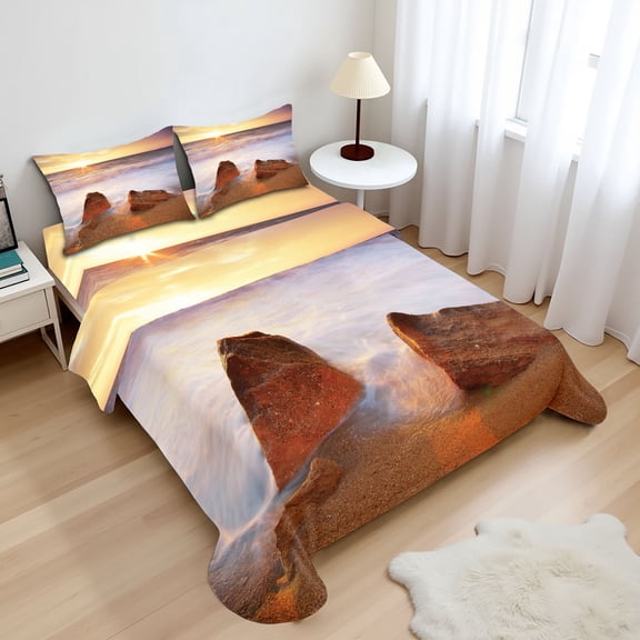 Ambesonne Exotic Fitted & Top Sheet Set with Shams, Hawaiian Sea Sky Nature, Cream White