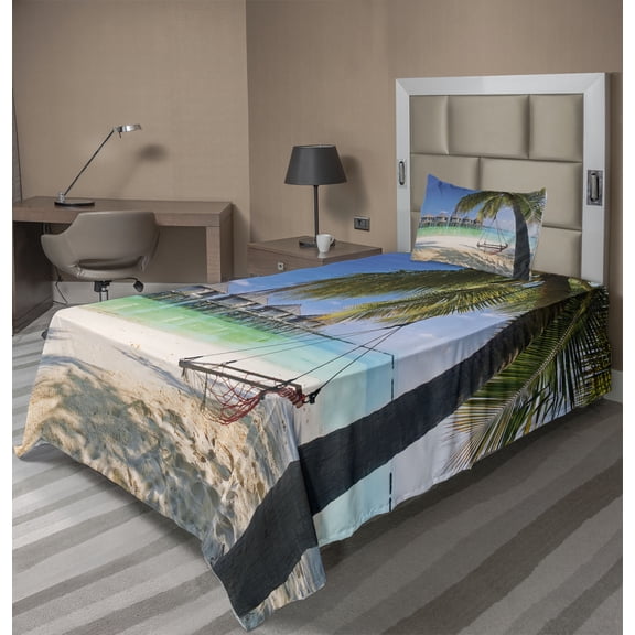 Beach Sheet Set, Hammock Under Palm Leaves in Heaven Beach Paradise Caribbean Peace Sun Summer Print, Fitted and Flat Sheet Pillowcase Bedding Accent 3 Piece Set, Twin XL, Multicolor, by Ambesonne