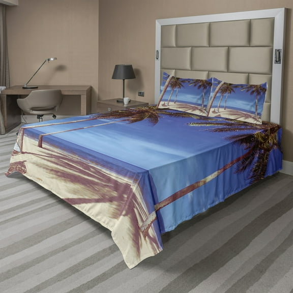 Ambesonne Summer Fitted & Top Sheet Set with Shams, Ocean Palms Warm Beach, Navy Cream Green