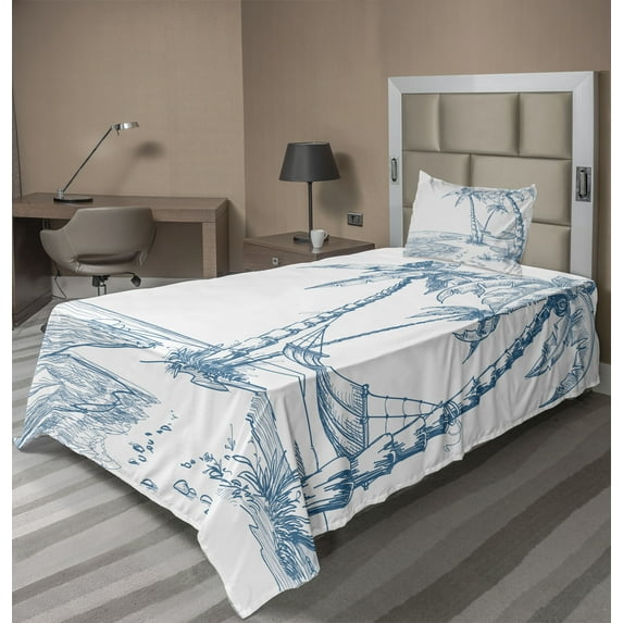 Ambesonne Tropical Fitted & Top Sheet Set with Sham, Palm Trees at Beach, Blue White