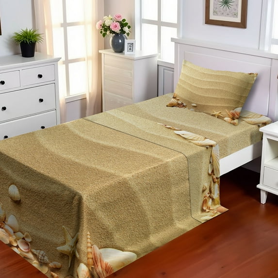 Ambesonne Beach Fitted & Top Sheet Set with Sham, Sand with Sea Shells, Sand Brown Coral