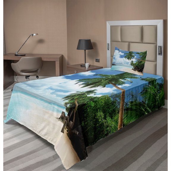 Ambesonne Jungle Fitted & Top Sheet Set with Sham, Palm Leaf Island Lagoon, Green Blue Aqua