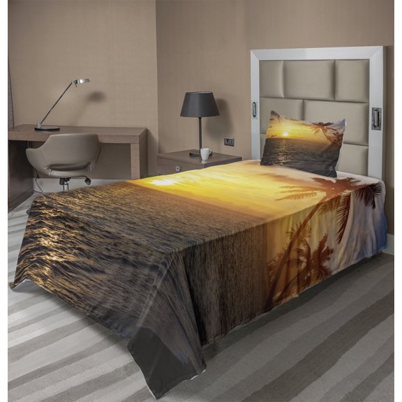 Ambesonne Beach Fitted & Top Sheet Set with Sham, Palm Tree Island Sunset, Yellow Bluegrey
