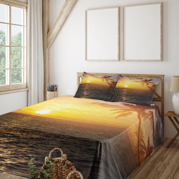 Ambesonne Beach Fitted & Top Sheet Set with Shams, Palm Tree Island Sunset, Yellow Bluegrey