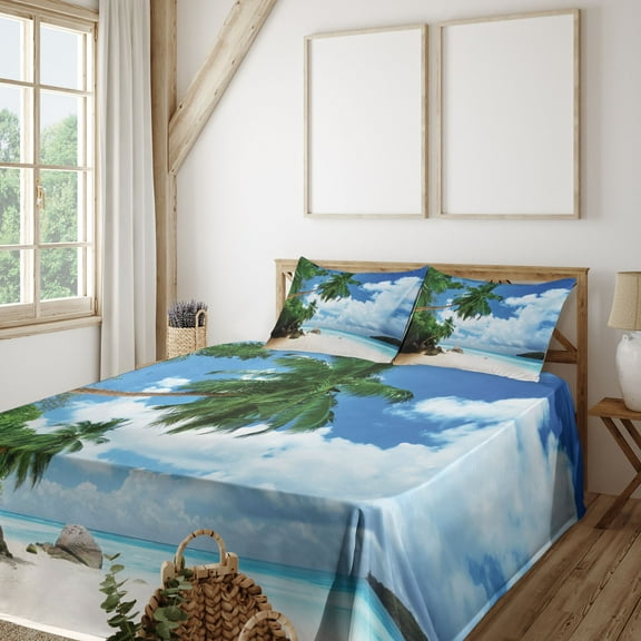 Ambesonne Jungle Fitted & Top Sheet Set with Shams, Beach on Mahe Island, Green Blue Sand Brown