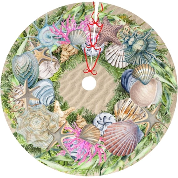 Beach Shell Coastal Wreath Beach Starfish Sea Theme Summer Christmas Tree Skirt 36 Inch for Xmas Halloween Holiday New Year Party Circle Tree Mat Decor Ornaments Decoration