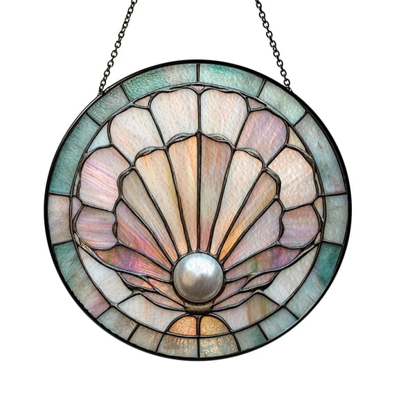 Beach Shell Pearl Stained Glass Style Suncatcher Window Hanging Decor, Ocean Window Panel Art, Decorative Window Gift