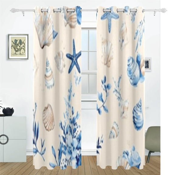 Beach Shell Print Blackout Curtains, 55W x 72/84L Living Room Bedroom Curtains, Heat Insulation and Sun Protection, 2-Pack