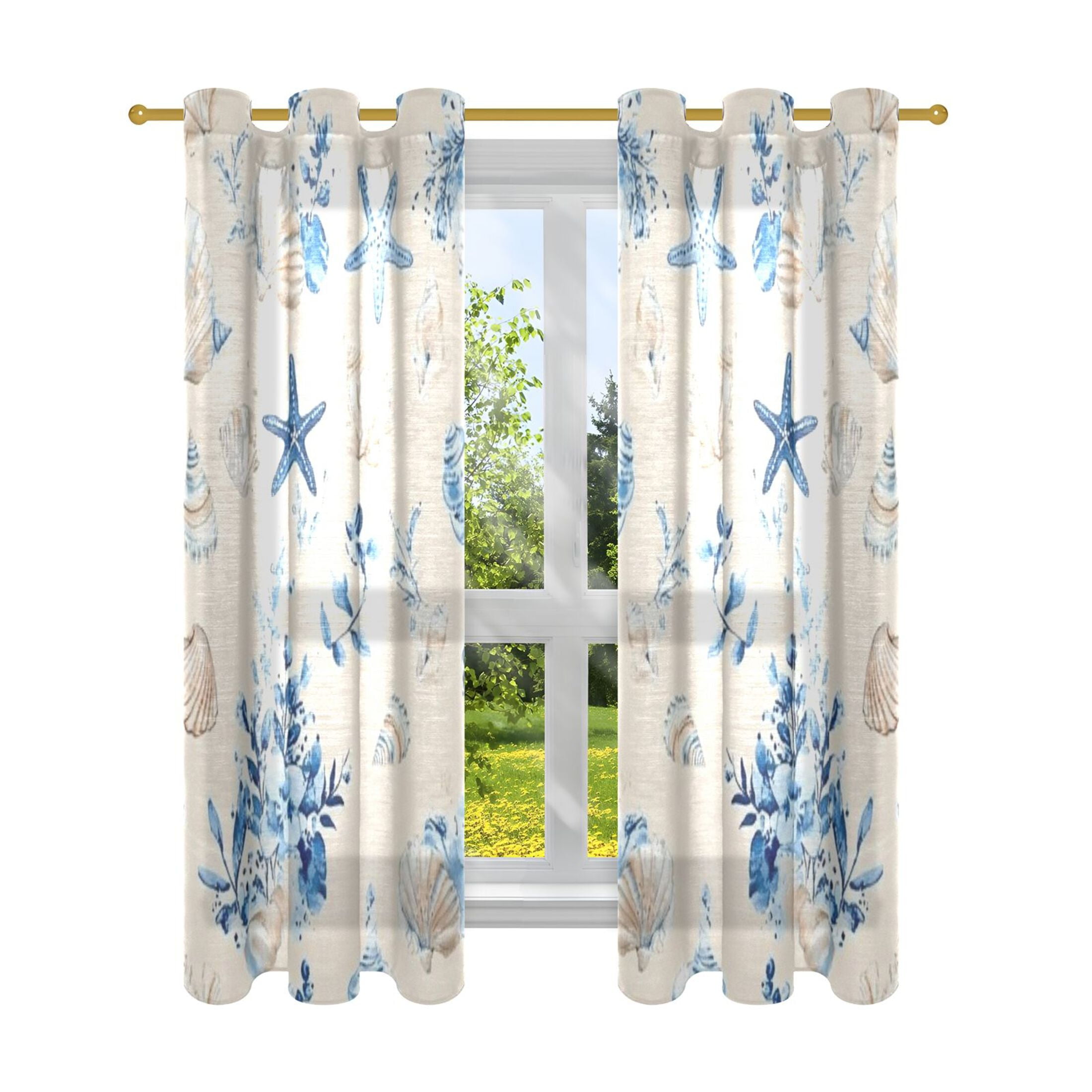 Room Window Shell Beach Shell Print Semi Sheer Curtains for Living Room Bedroom Set of 2 ...