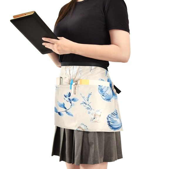 Beach Shell Print Server Apron with 3 Pockets Waist Apron for Waiter Waitress