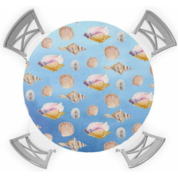 Beach Shell Round Tablecloth,Fitted Coastal Conch Table Cover Waterproof Reusable Ocean Table Cloth with Elastic Edge for Kitchen Dining Party Underwater World Tablecloths 45-52in