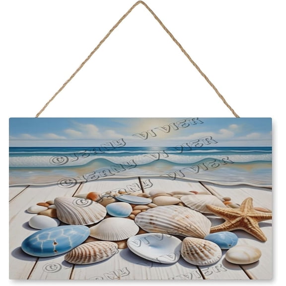 Beach Shell Rustic Wood Sign, Hanging Wood Plaque with Rope Decorative Wood Plaque New Home Wall Decor Sign, Birthday Christmas Housewarming Gift 10"x16"