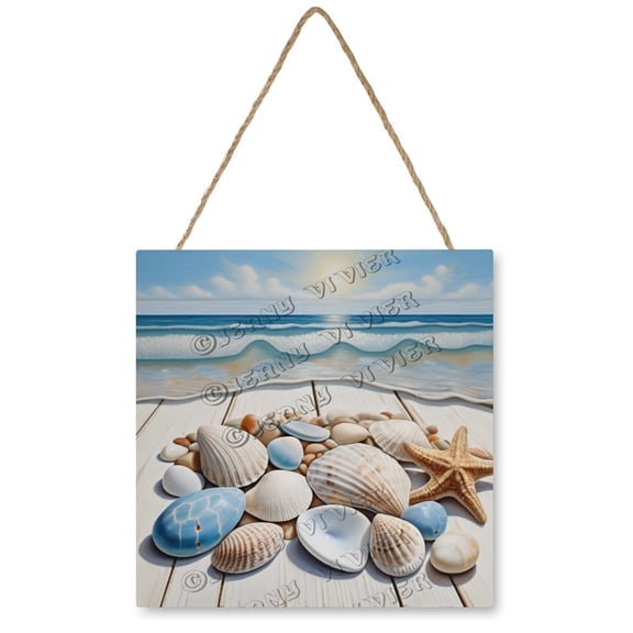 Beach Shell Square Rustic Wood Sign, Hanging Wood Plaque with Rope for Bedroom Living Room Kitchen Bathroom Home Office Decor, Birthday Christmas Housewarming Gift 12"x12"