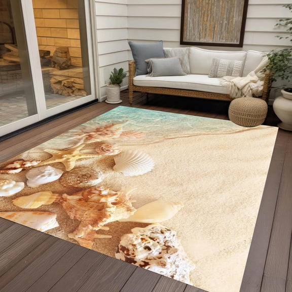Beach Shell and Star Fish Indoor Outdoor Area Rug 2x3ft Multi Reversible Rug for Livingroom Diningroom Bedroom No-Slip Patio Deck Backyard Balcony Floor Carpet