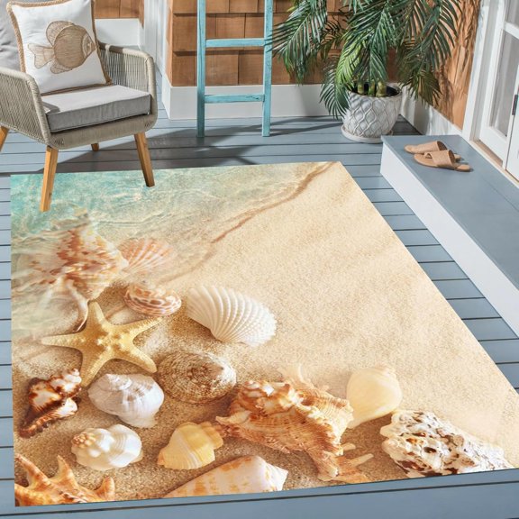Beach Shell and Star Fish Indoor Outdoor Area Rug 4''x6'' Multi Reversible Rug for Livingroom Diningroom Bedroom No-Slip Patio Deck Backyard Balcony Floor Carpet