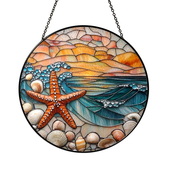 Beach Shell Starfish Window Sun Catcher, Bright Stained Glass Style Hanging Decor, Seaside Gift