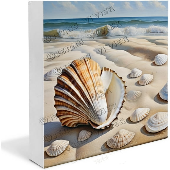 Beach Shell Wooden Box Sign Desk Decor, Ocean Wood Block Sign Home Beach House Tabletop Shelf Desk Decoration