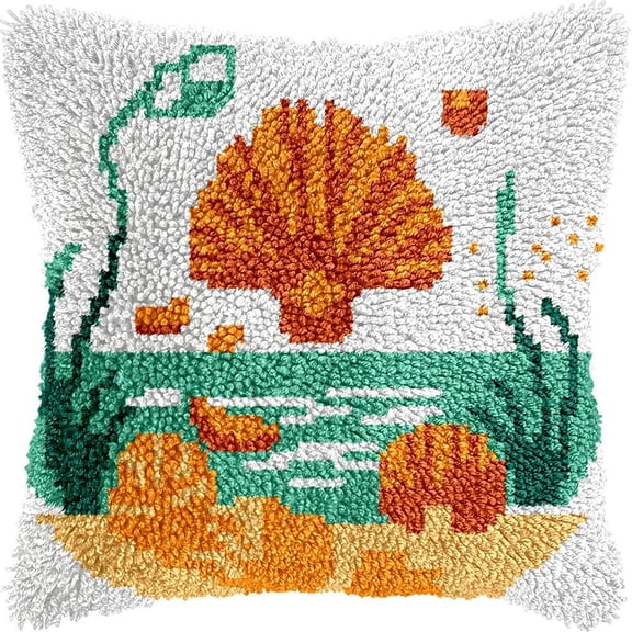 Beach Shells Latch Hook Pillow Kits for DIY Throw Pillow Cushion Embroidery Latch Hooking Pillowcase Kits with Preprinted Canvas Crochet Yarn Kits for Home Decor 17''X 17''(C55)