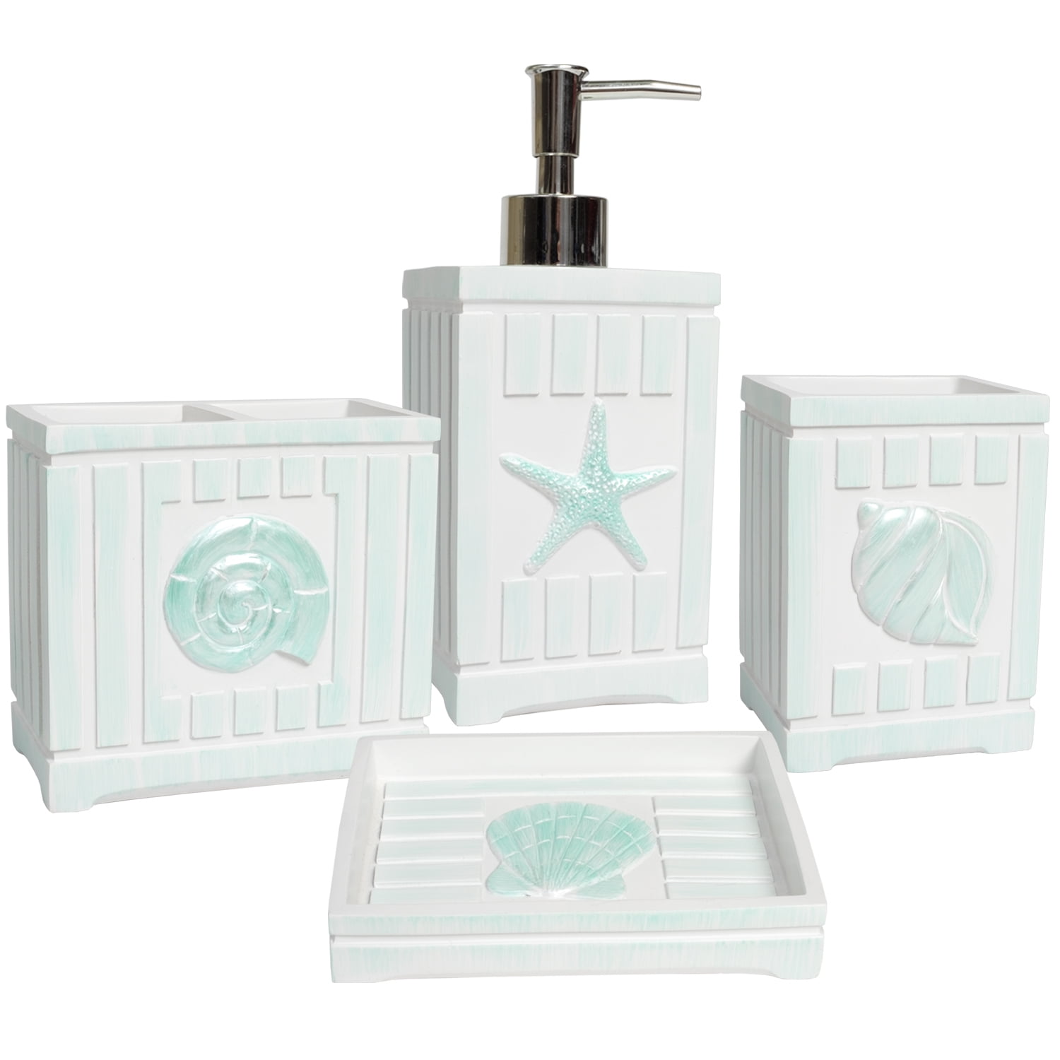 Coastal Nautical Theme Beach Shells 4 Piece Poly Resin Bath Accessory ...