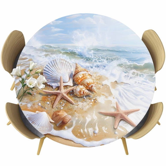 Beach Shells Round Tablecloth 36-44 Inch Round Fitted Table Cloth with Elastic Edge, Coastal Starfish Conch Ocean Waves Sea Sand Waterproof Table Cover Protector for Outdoor Picnic Party Dining