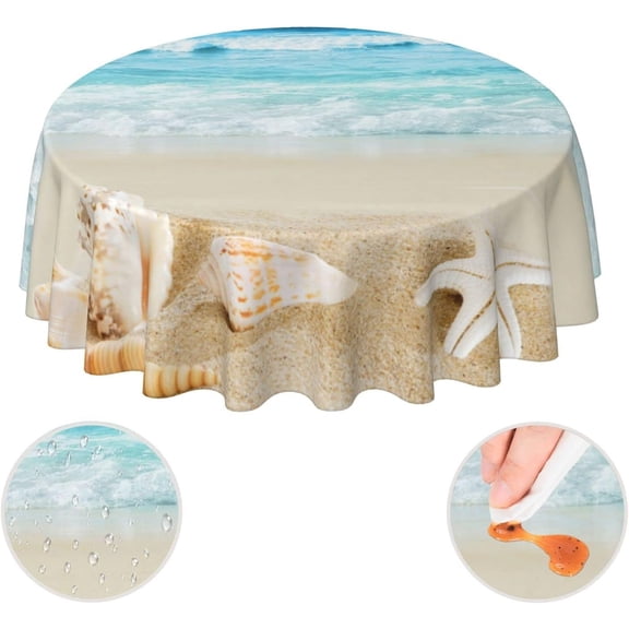 Beach Shells Scenery Summer Coastal Round Tablecloth Waterproof Wipeable Tablecloth Cover Home Restaurant Kitchen Picnic Party Decoration 60 Inch Circular Tablecloth for 20-47 Inch