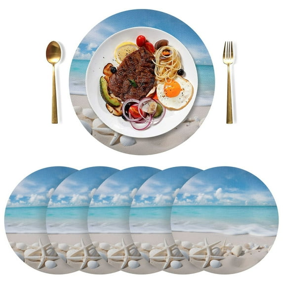 Beach Shells Sea Black Round Placemats Plate Mats 15 Inch Non-Slip Heat Resistant Washable PVC Set Indoor for Kitchen Dining Table 4PCs