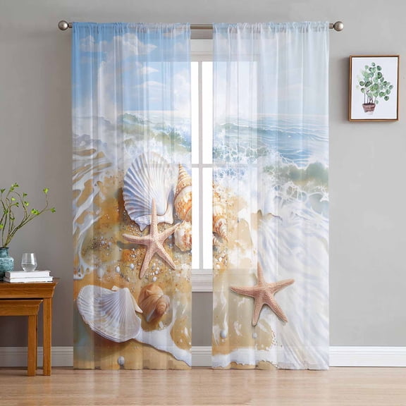 Beach Shells Sheer Curtains 108 Inch Length 2 Panels Set for Living Room/Bedroom, Coastal Starfish Conch Ocean Waves Sea Sand Semi Curtain Sheers Drapes Rod Pocket Window Curtains 52''x108''x2