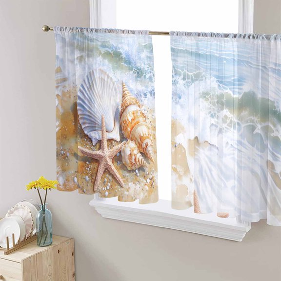 Beach Shells Sheer Curtains 45 Inch Length 2 Panels Set for Living Room/Bedroom, Coastal Starfish Conch Ocean Waves Sea Sand Semi Curtain Sheers Drapes Rod Pocket Window Curtains 52''x45''x2