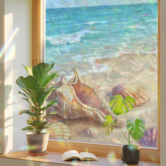 Beach Shells Window Privacy Film, Starfish Blue Ocean Water Coastal Summer Stained Glass Rainbow Film Decorative Window Clings, Static Cling Sun Blocking Stickers 29.5" x 78.7"
