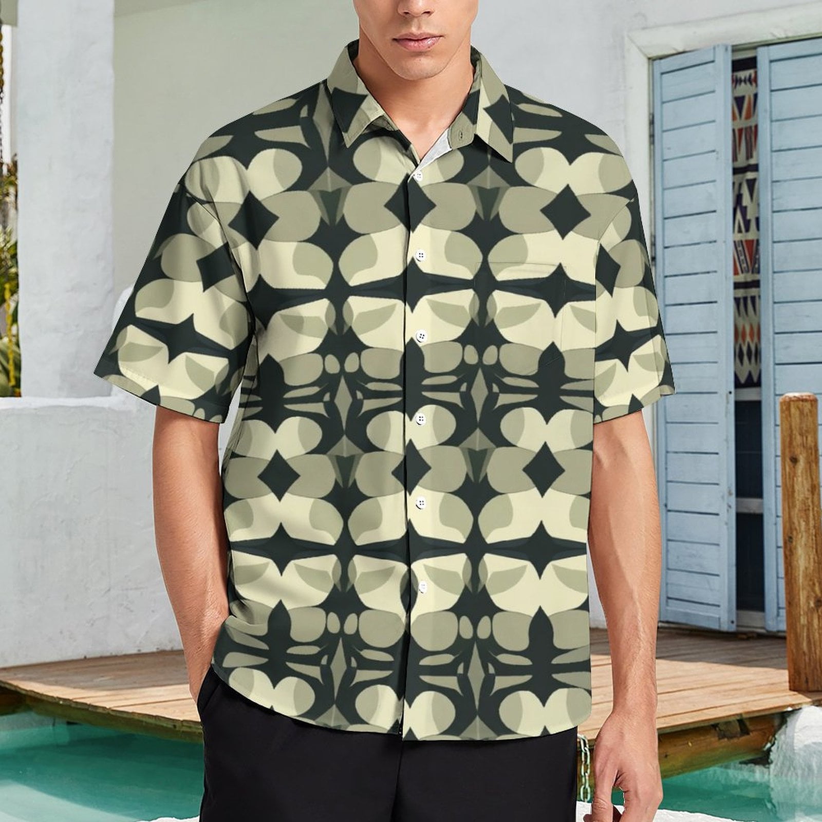 Beach Shirt Abstract Olive Green Geometric Pattern Design Man Retro ...