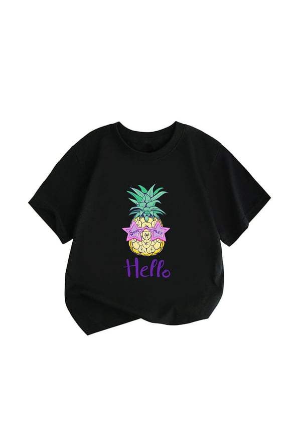 Beach Shirt for Little Children Boys Girls Big Kids Hello Pineapple Cartoon Print Tops Short Sleeve Black